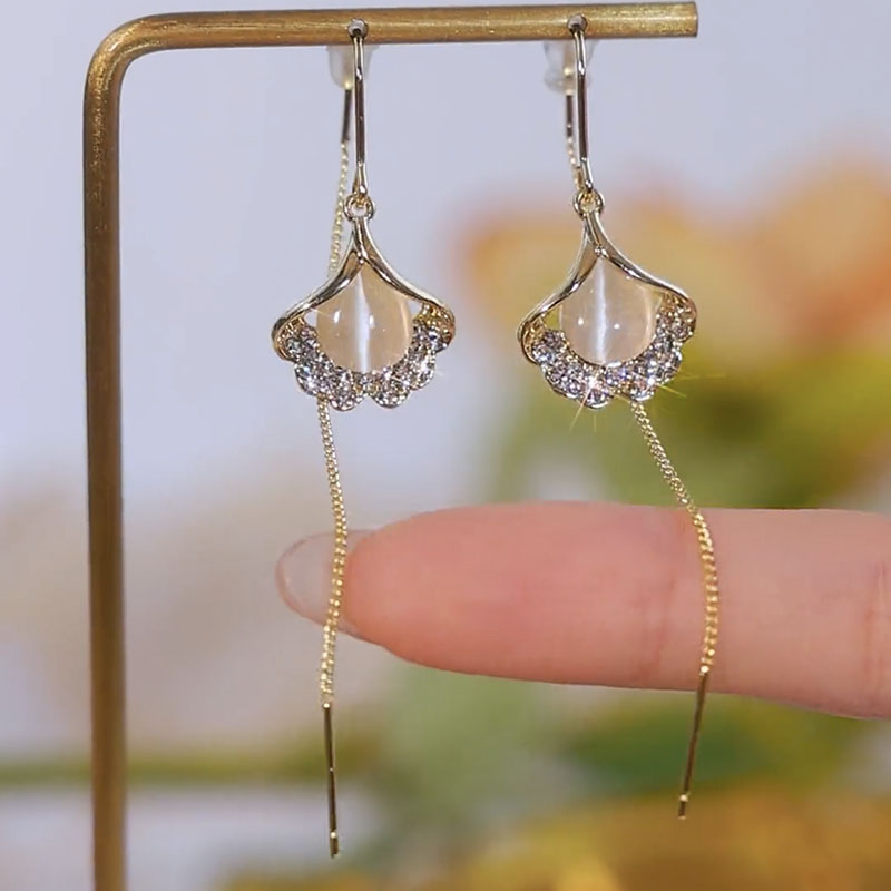 貓眼石銀杏葉耳線