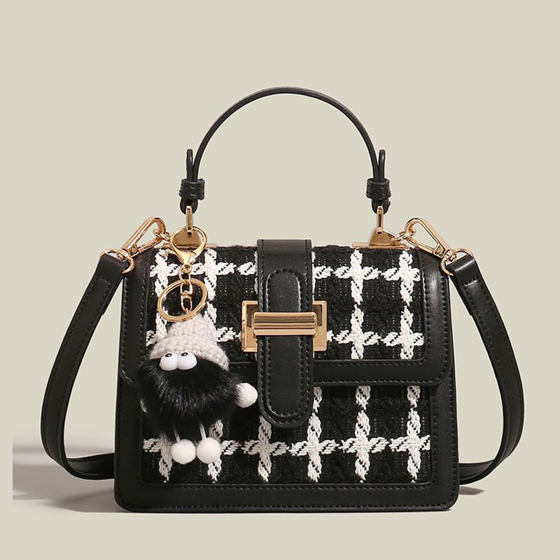 靴小香風黑白格子包包斜肩包