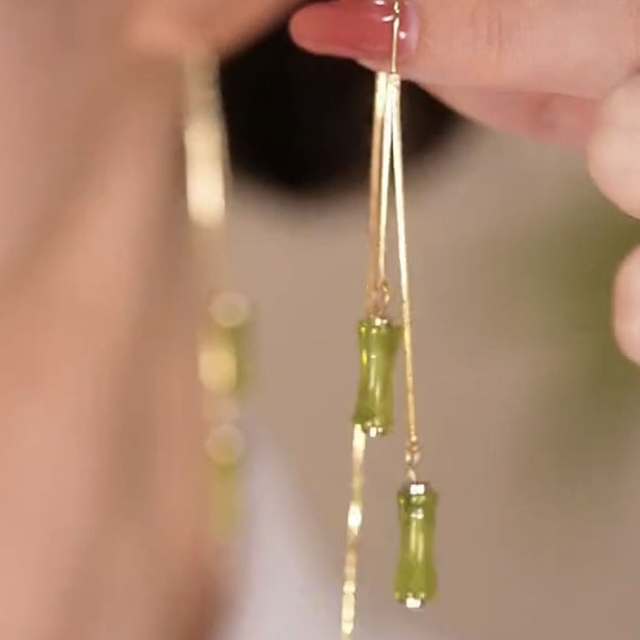 橄欖綠富貴竹節流蘇耳環