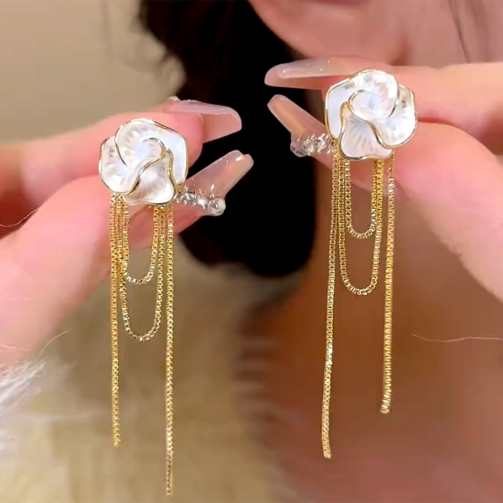 白色山茶花流蘇耳環【一款兩戴】