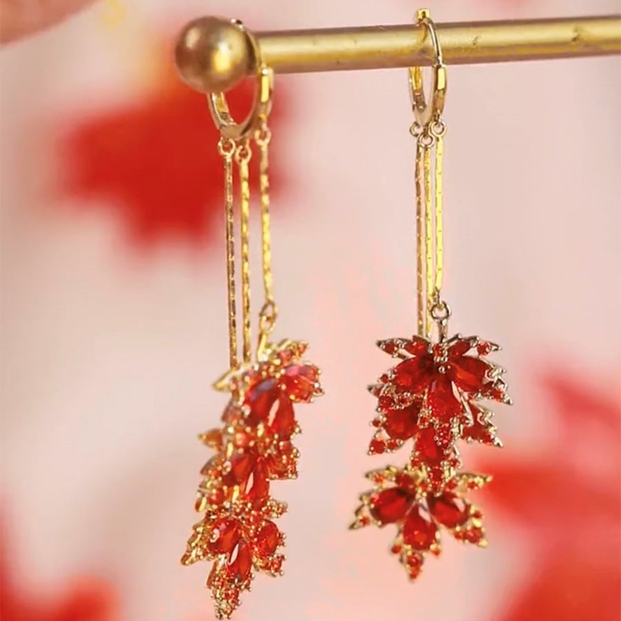 新款紅色楓葉水晶流蘇耳環 -FANYIACC