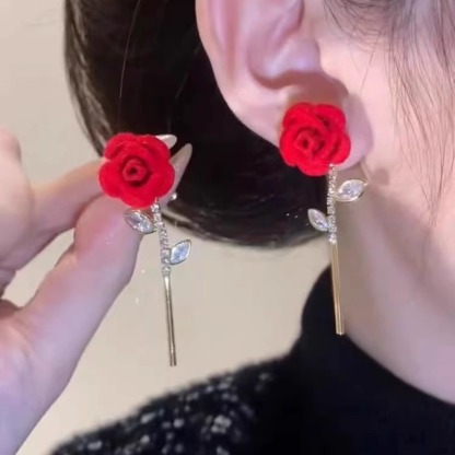 浪漫紅色玫瑰花耳環