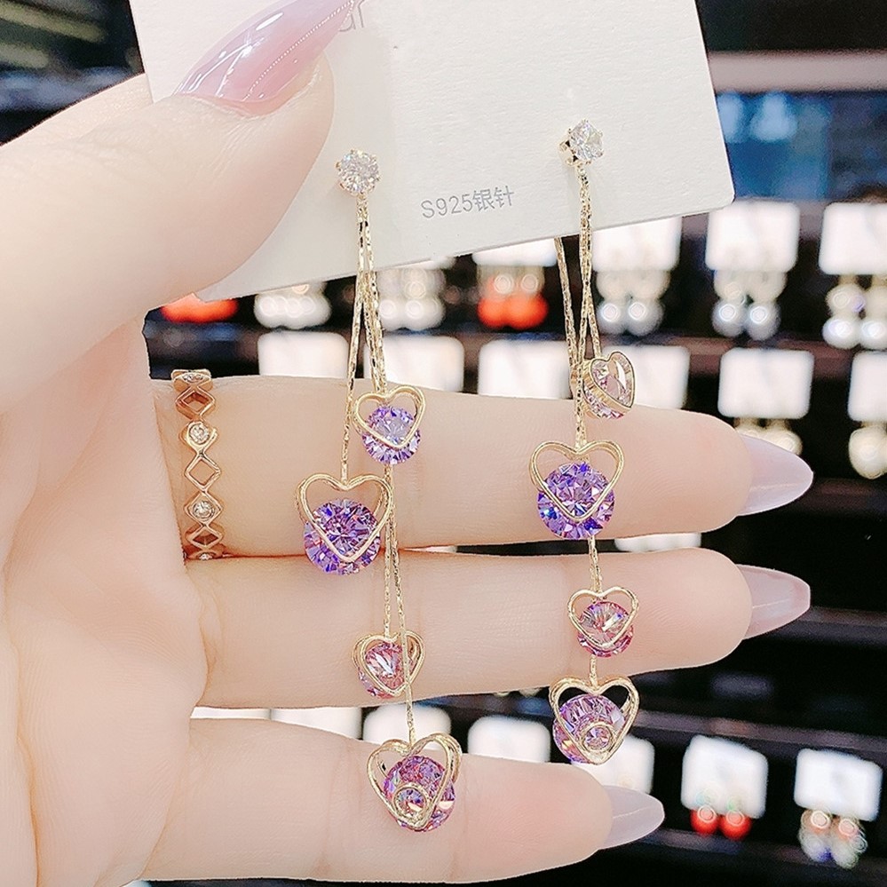 超仙時尚水晶愛心流蘇耳環
