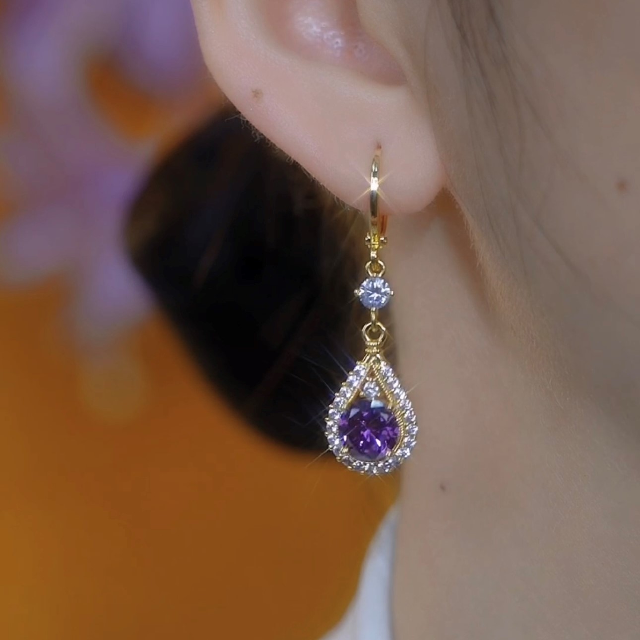 紫色水晶水滴耳環