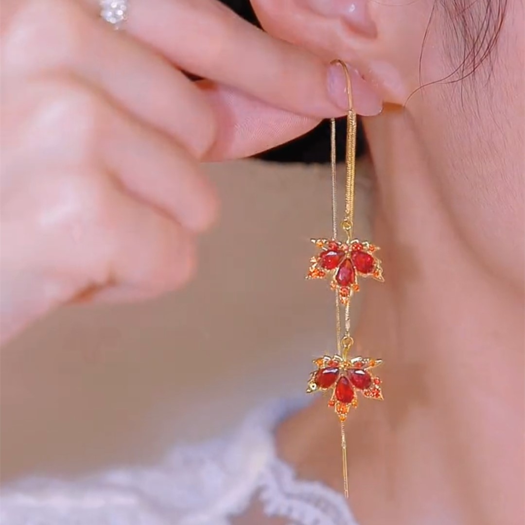 紅色楓葉兩片耳線耳環