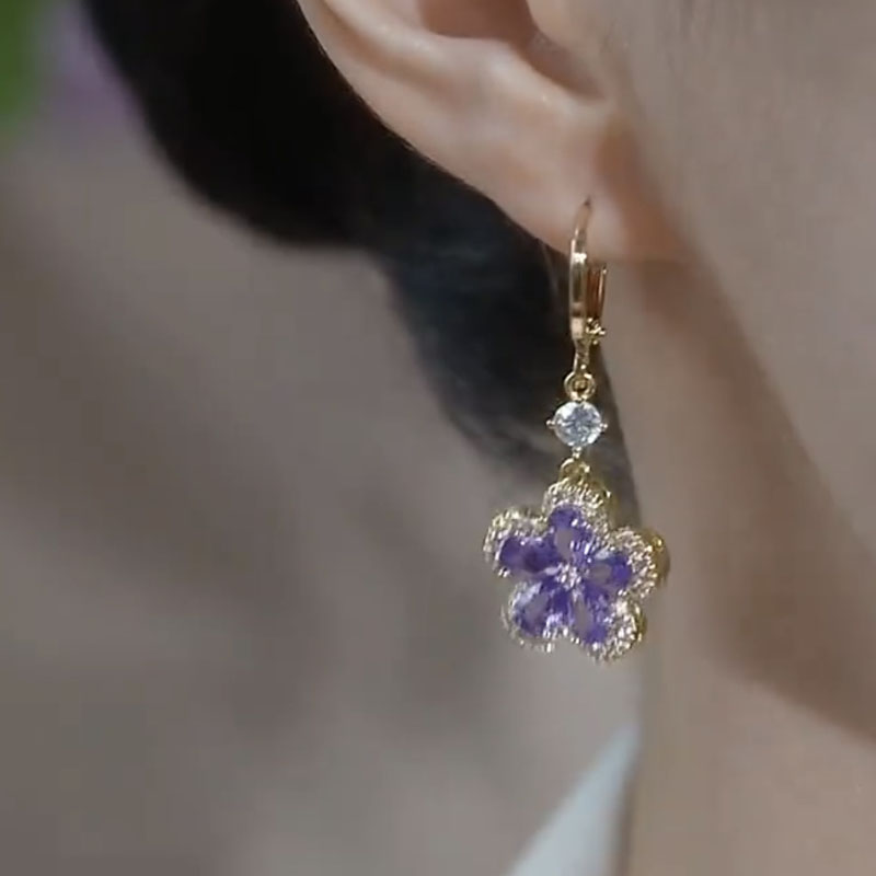 紫色花花水晶耳環
