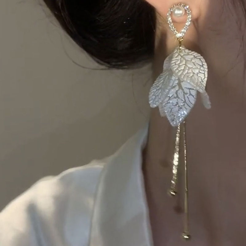 長款葉子珍珠流蘇耳環