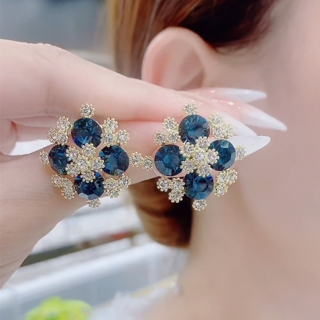 深藍色四葉花雪花耳環