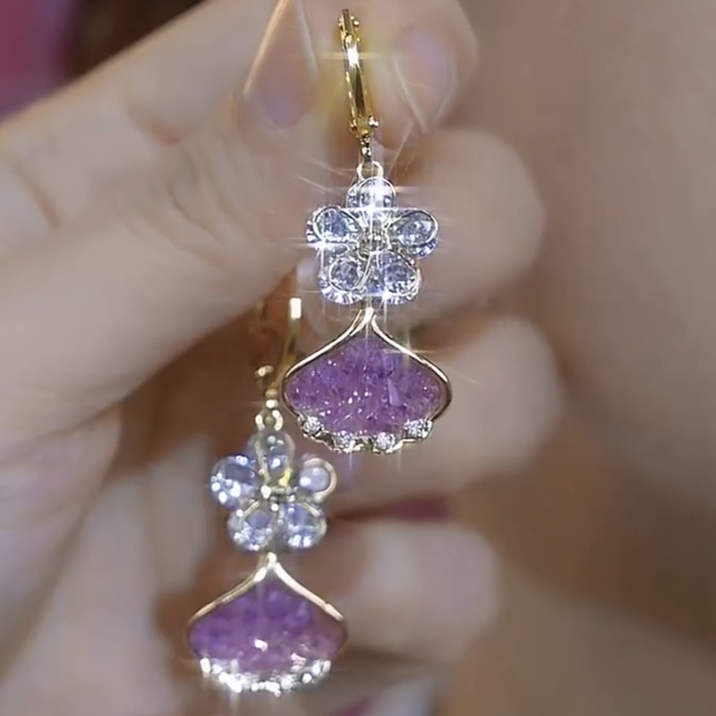 紫色銀杏葉花朵鋯石耳環