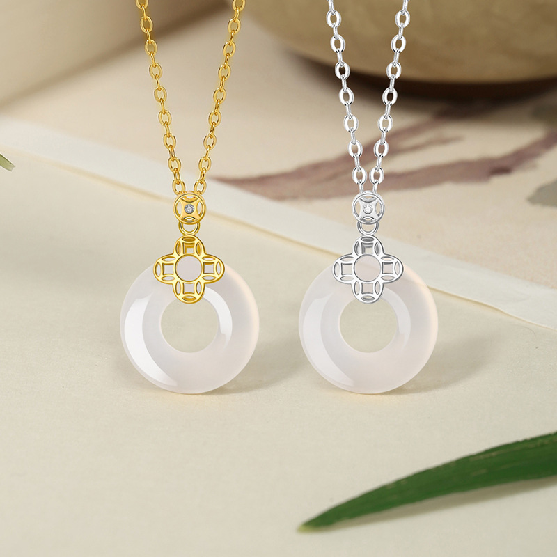 【沫緹甄選】四葉草純銀玉髓項錬國潮銅錢福氣鎖骨錬平安扣吊墜