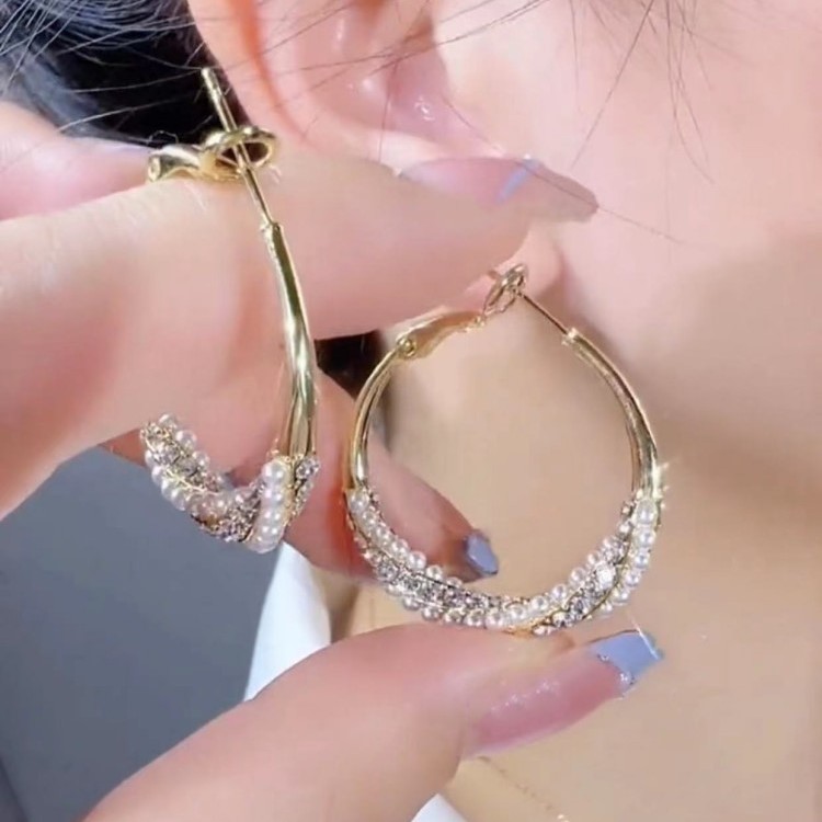 珍珠鋯石麻花圈圈耳環