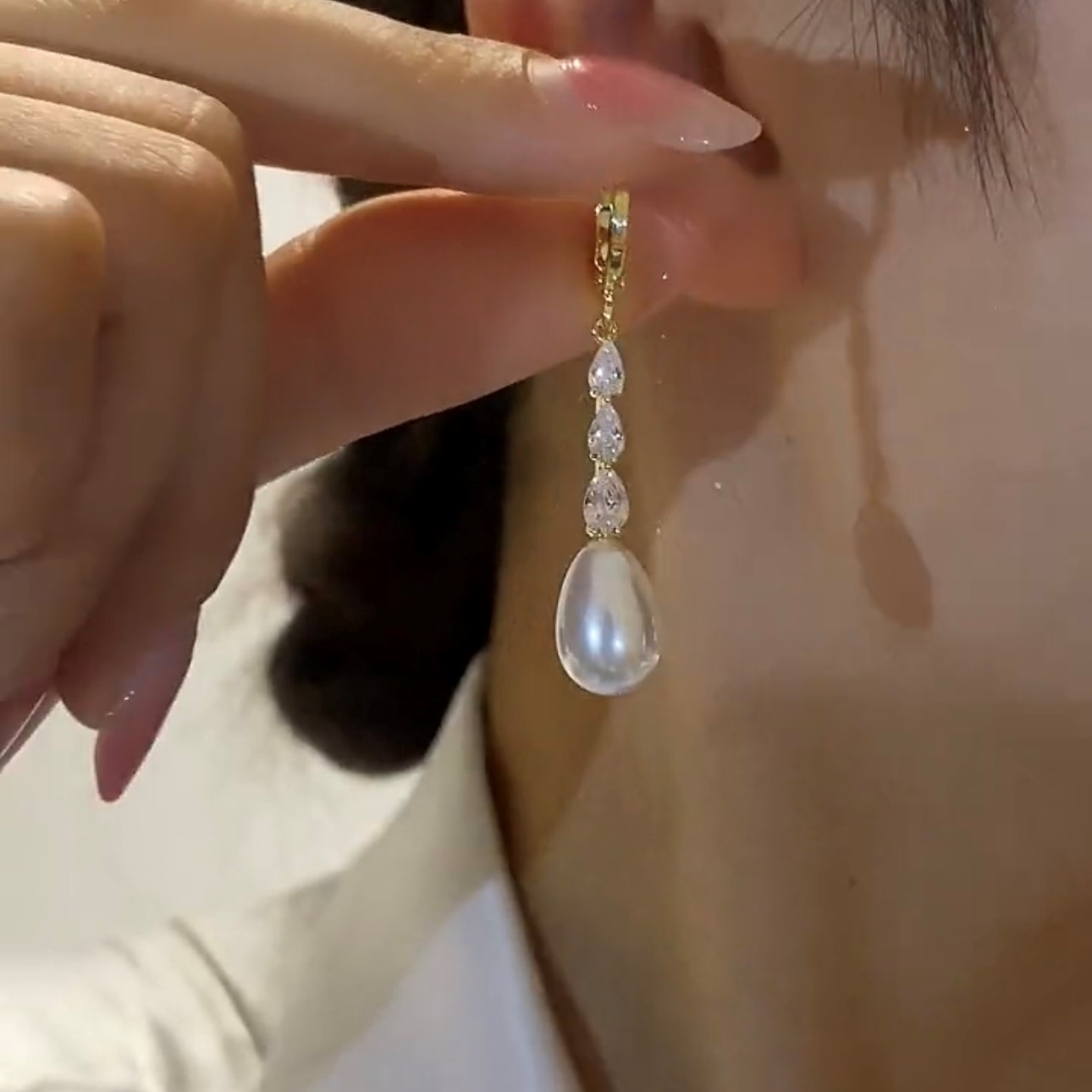 法式輕奢鋯石水滴珍珠耳環