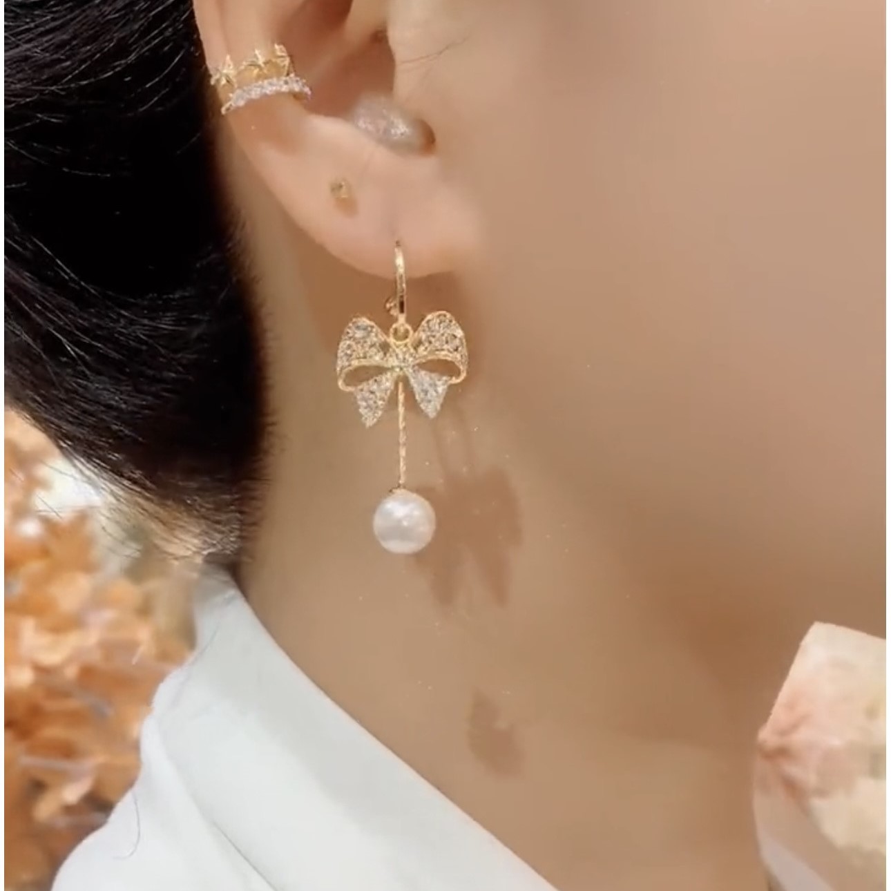 氣質滿鑽蝴蝶結珍珠流蘇耳環