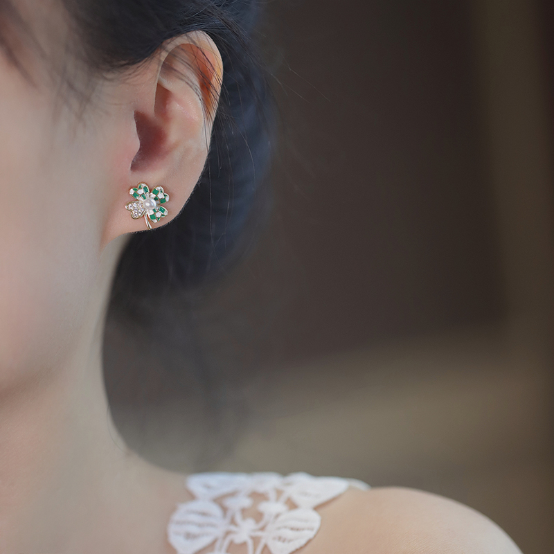 簡約綠色四葉草耳釘小清新幸運草耳環