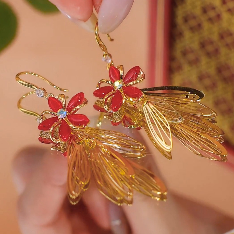 紅色貓眼石長款流蘇耳環