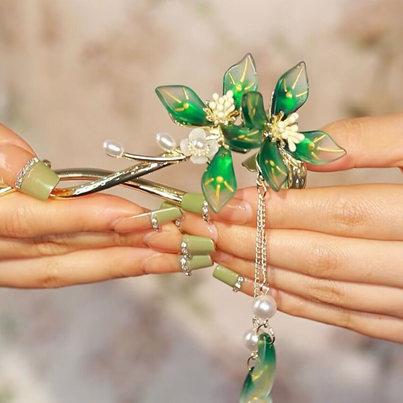 復古綠氣質花朵時尚一字夾髮夾