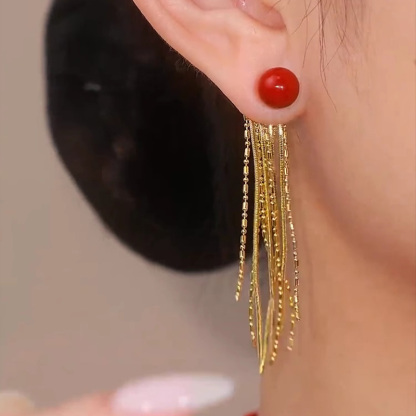 紅色滿天星珍珠流蘇耳環