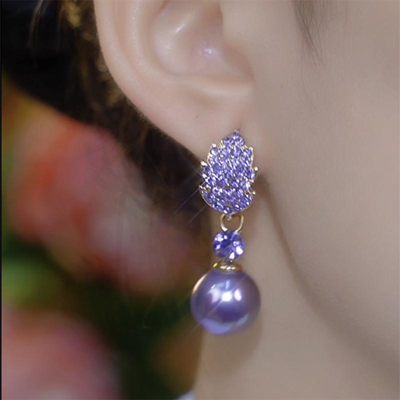 輕奢紫色滿鑽樹葉珍珠耳環