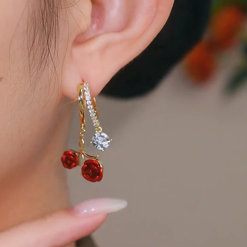 民國復古風紅玫瑰耳環