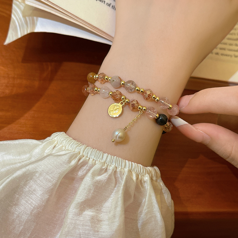 雙層茶晶水晶串珠手錬 疊戴手錬