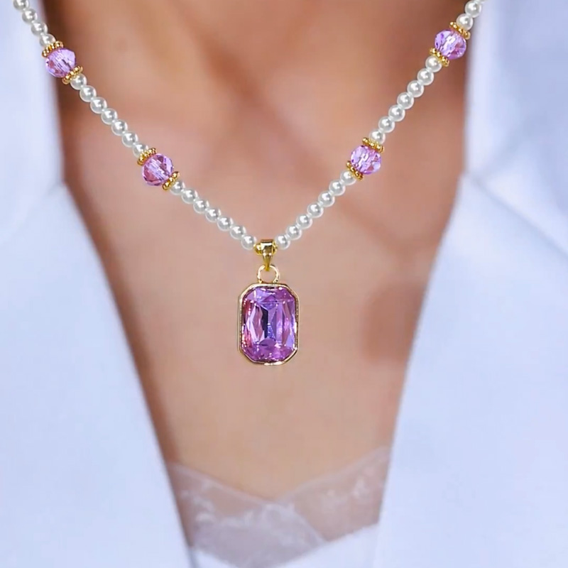 紫色方形水晶吊墜項鍊