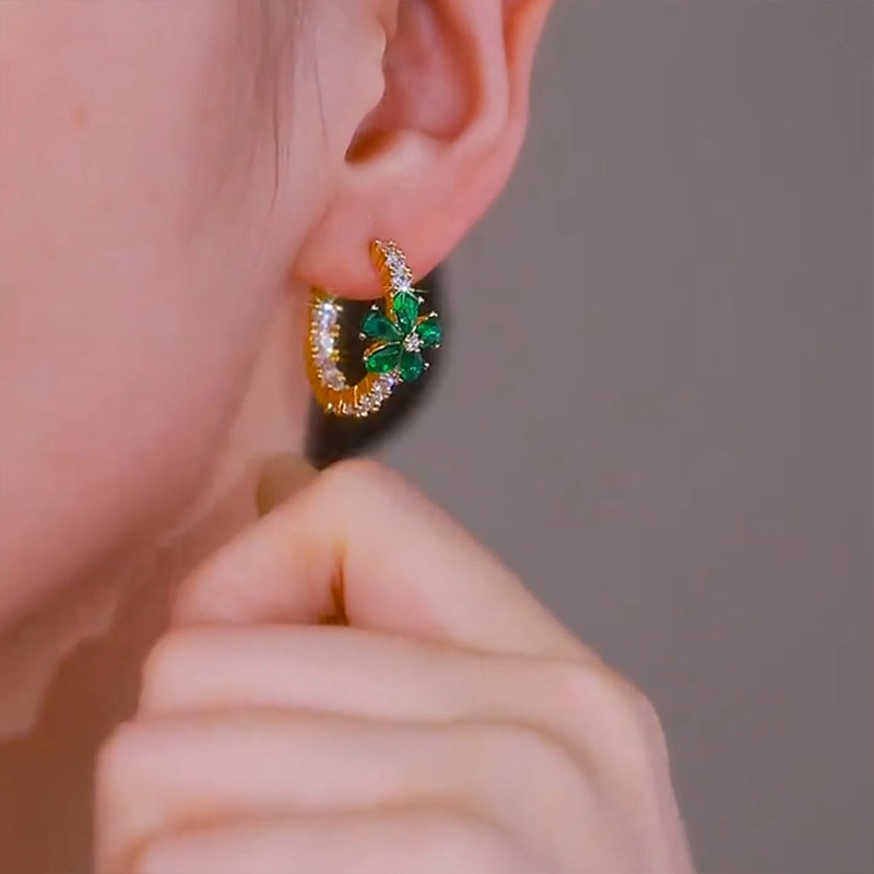 高級感滿鑽綠花朵耳環