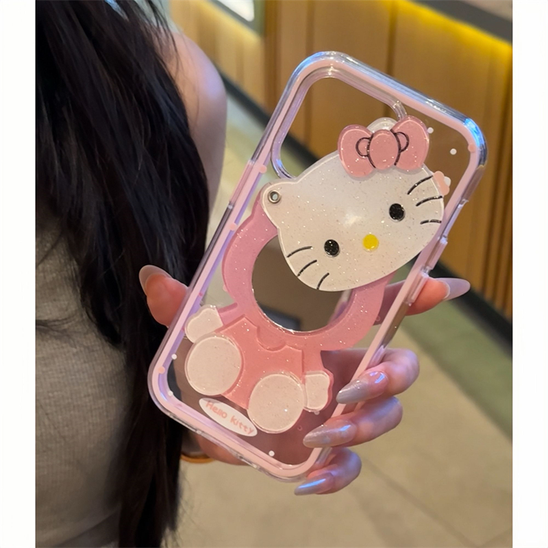 粉色kitty鏡子貼件 可愛凱蒂貓軟殼 iPhone保護殼