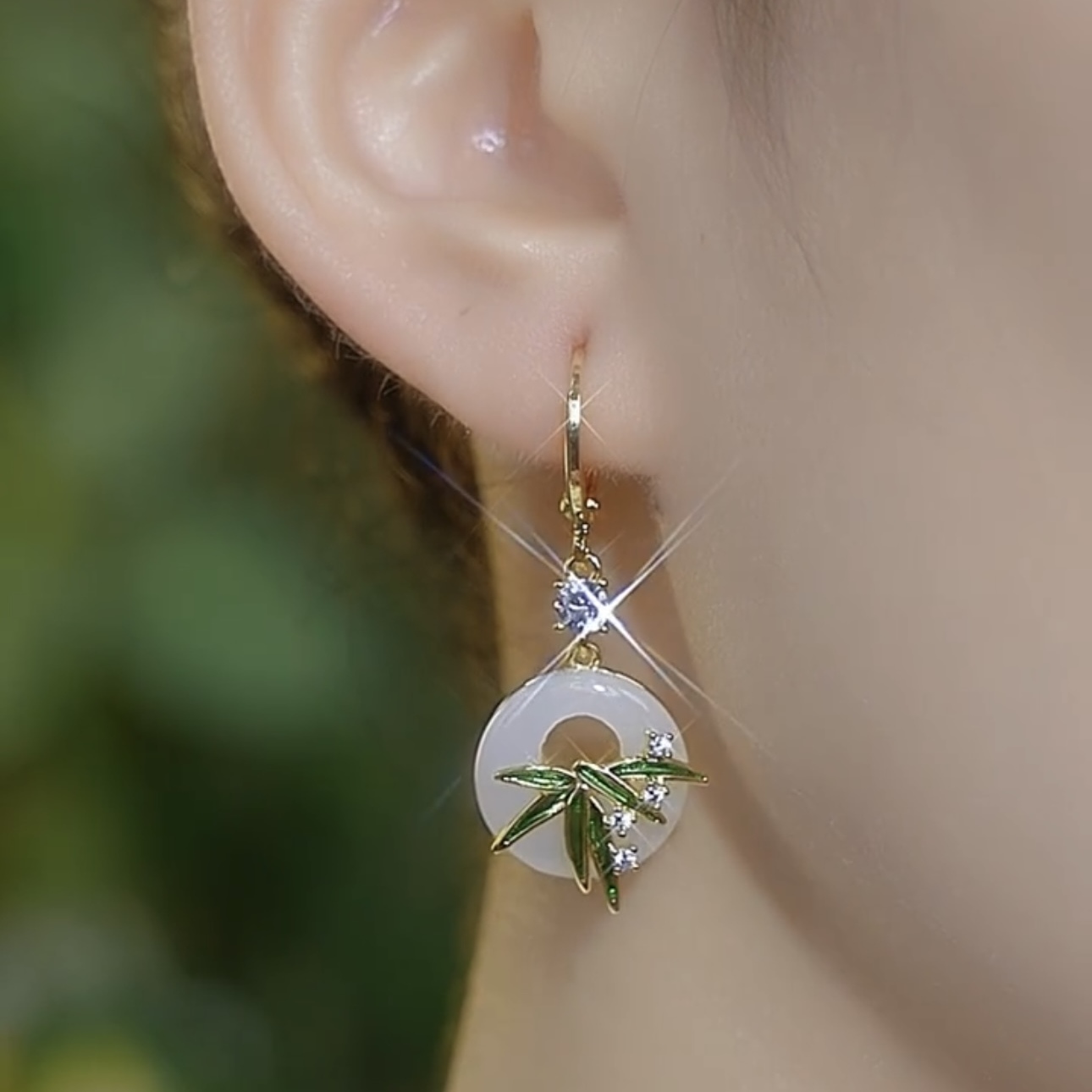 中式綠色翠竹 平安扣竹節耳環