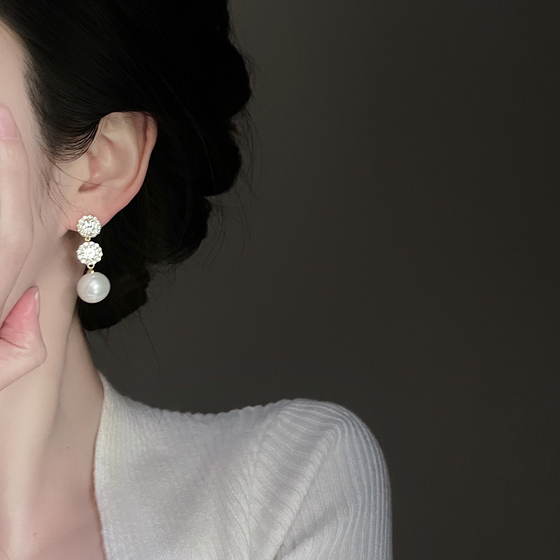 氣質珍珠閃鑽流蘇耳環   