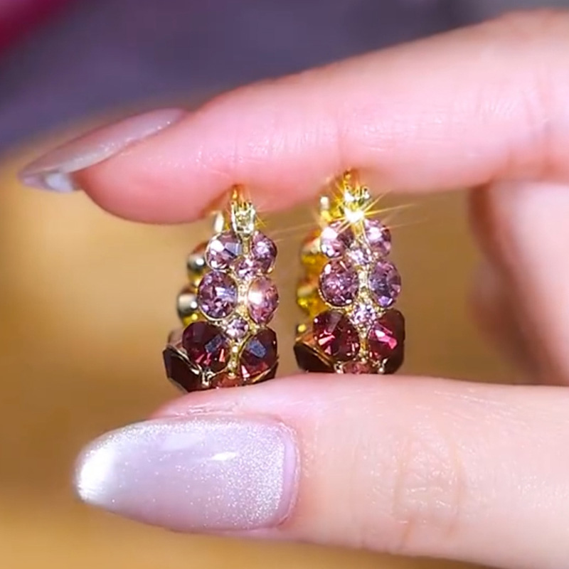 復古紫色鑲鑽C型耳環