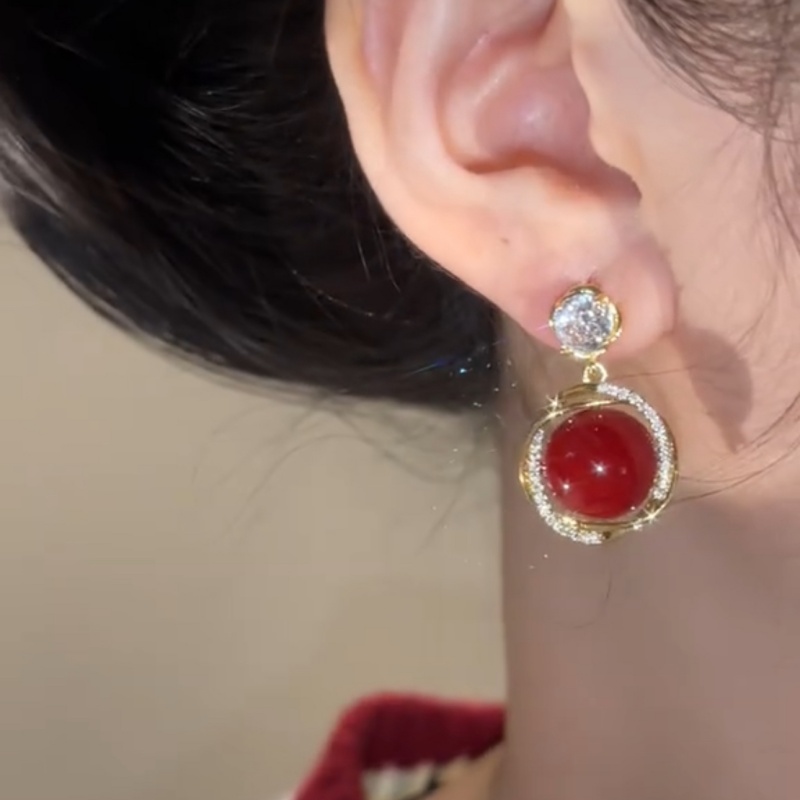 法式復古紅色珍珠耳環