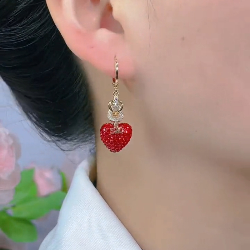 氣質紅色滿鑽愛心耳環