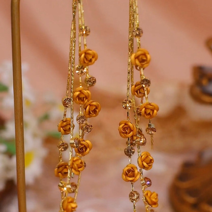 長款茶色玫瑰花流蘇耳環