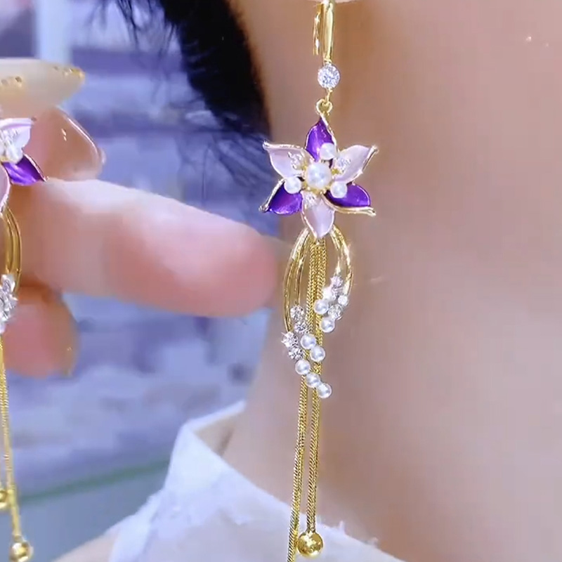 紫色炫彩花朵流蘇耳環