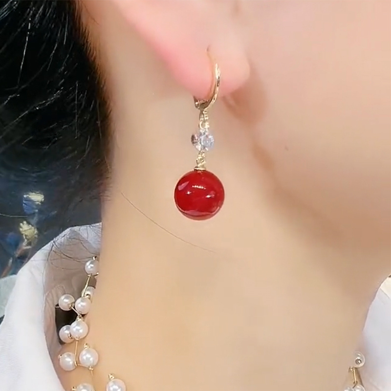 紅豆珍珠設計感紅色閃鑽耳環