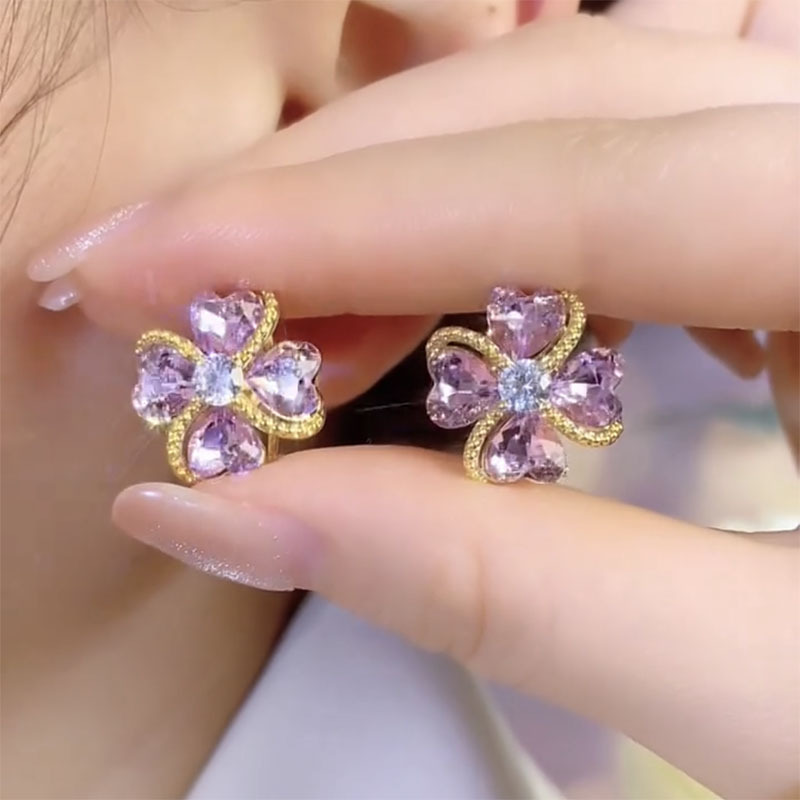 紫色四葉草鋯石花耳環 -FANYIACC