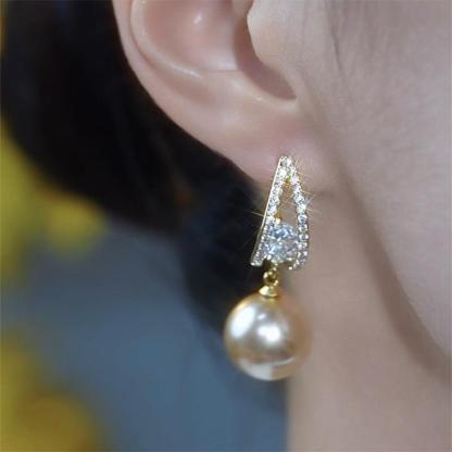 法式閃鑽香檳色珍珠耳環