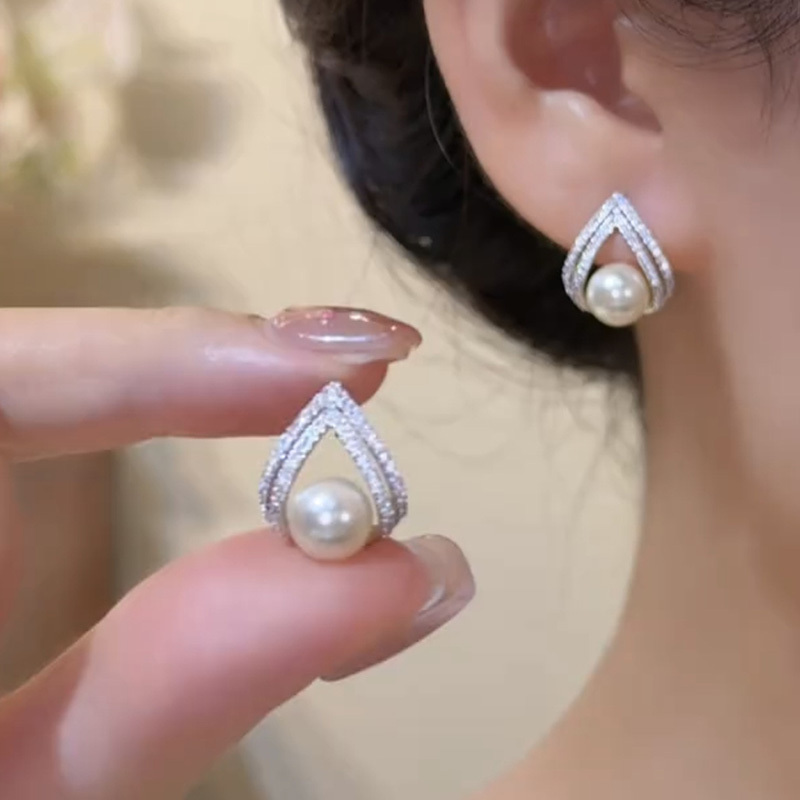 銀色幾何甜美珍珠耳環