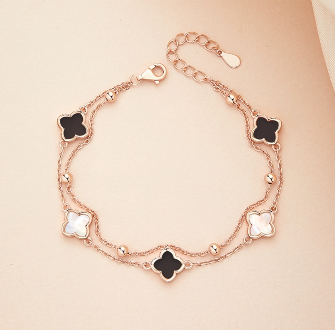  孔雀石 • 幸運草雙層疊戴手錬