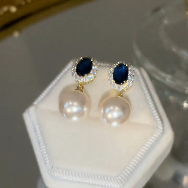 藍色水晶珍珠流蘇耳環