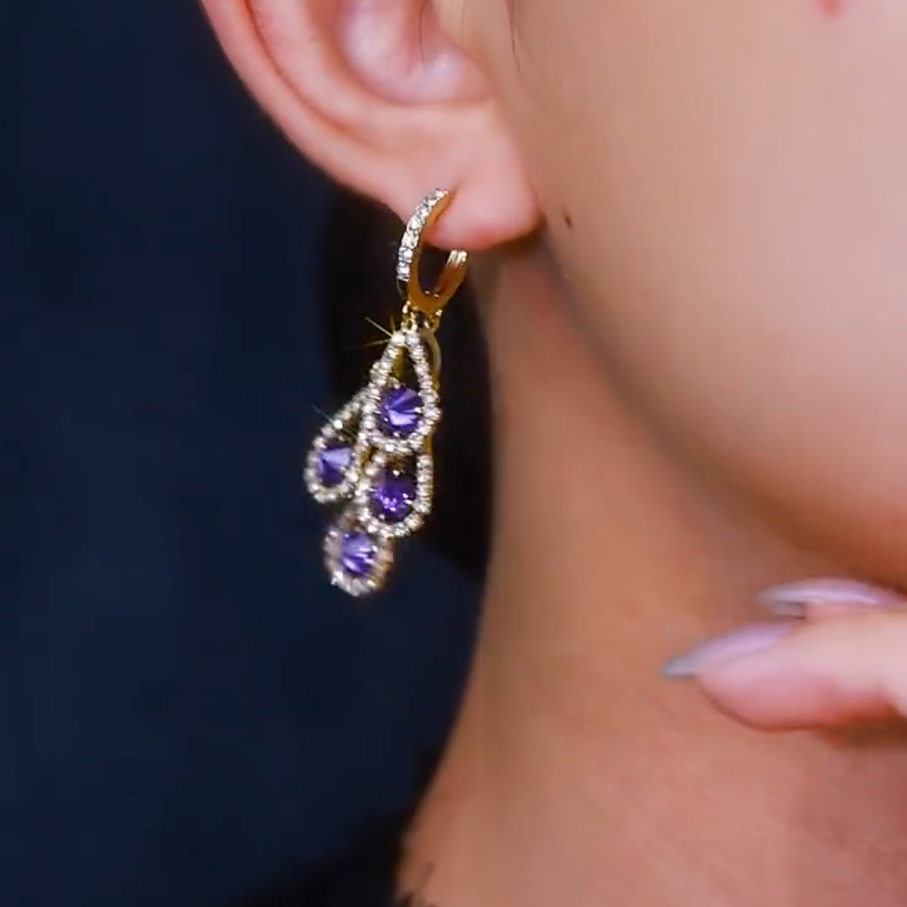 百搭氣質紫色水滴流蘇耳環
