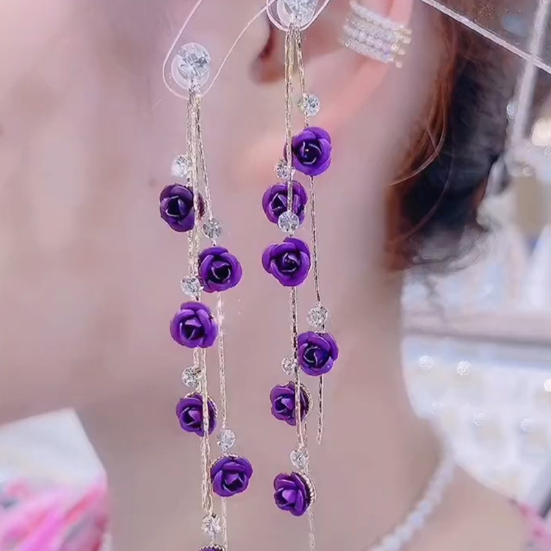 深紫色玫瑰花流蘇耳環