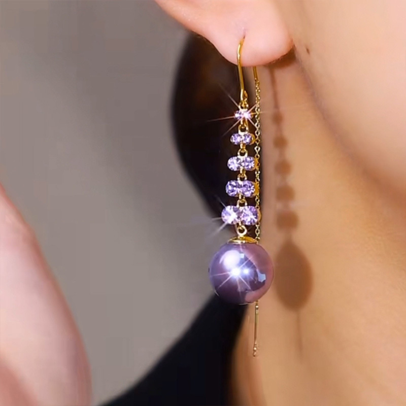 紫色麥穗珍珠流蘇耳環   