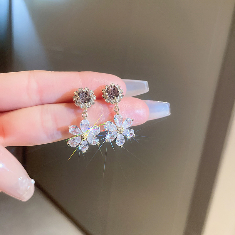 S925銀鑲鑽紫色花朵耳環