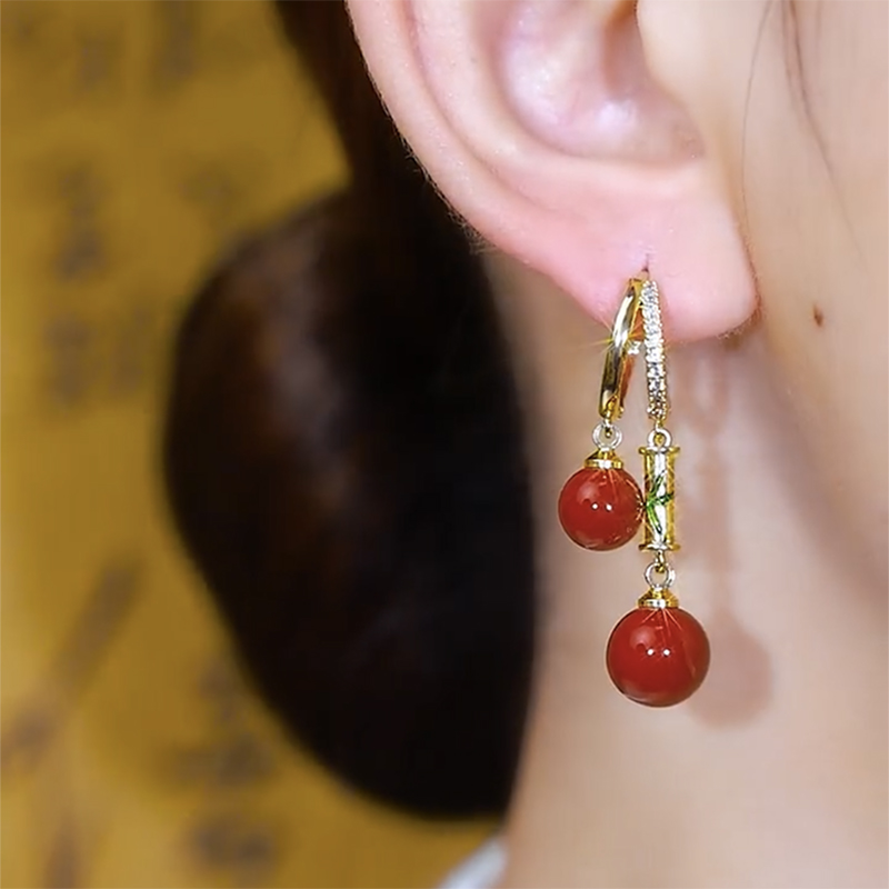 民國風竹節紅色珍珠耳環