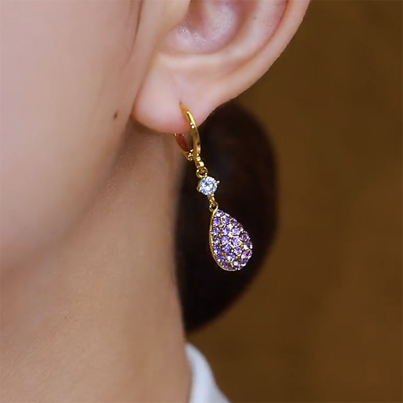 紫色閃鑽水滴耳環