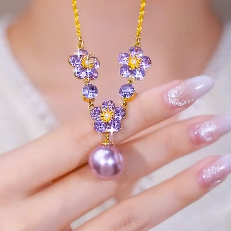 紫色鋯石花朵珍珠項鍊