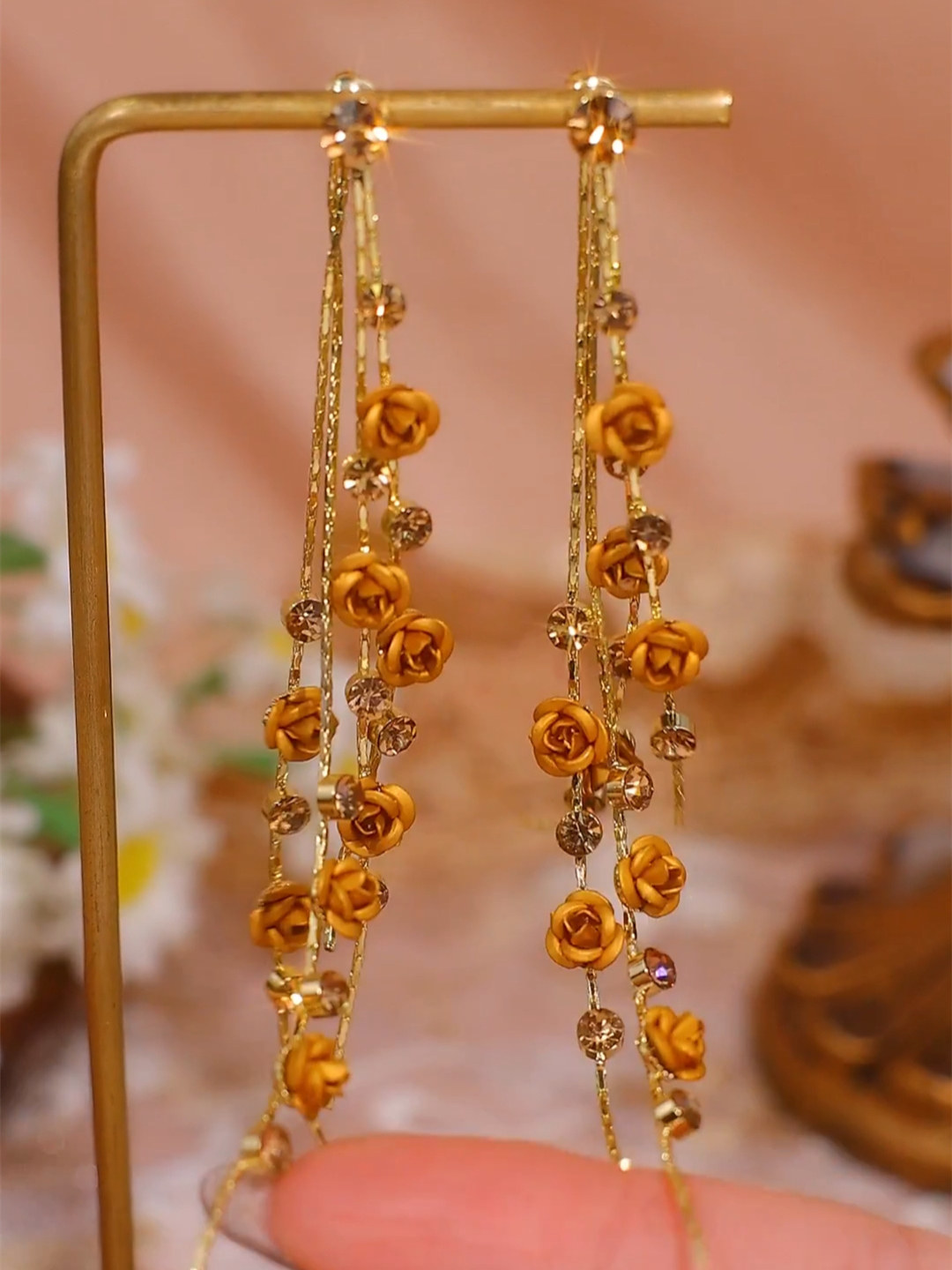長款茶色玫瑰花流蘇耳環