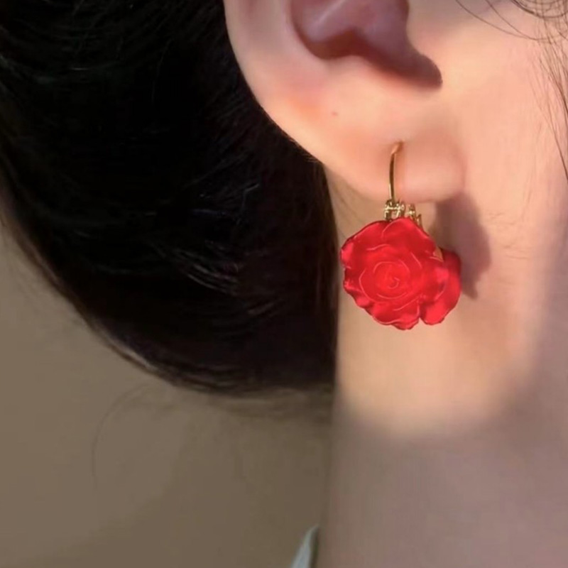 簡約紅色玫瑰花耳環