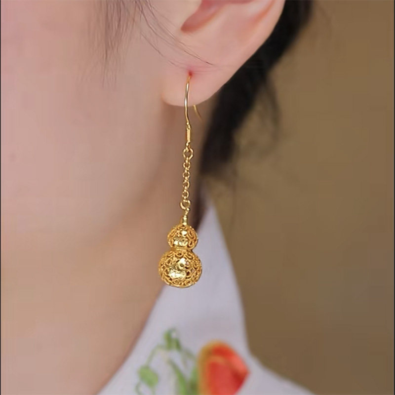 好運福祿金色長款鏤空葫蘆耳環